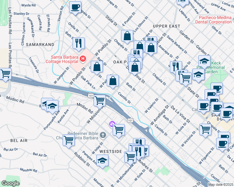 map of restaurants, bars, coffee shops, grocery stores, and more near 412 West Mission Street in Santa Barbara