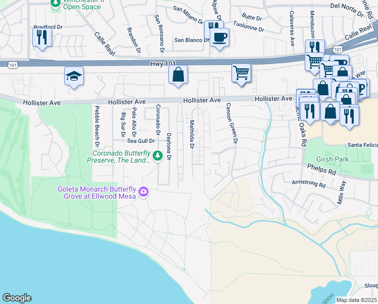 map of restaurants, bars, coffee shops, grocery stores, and more near 7465 Hollister Avenue in Goleta