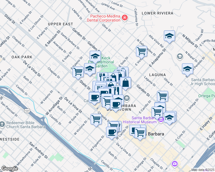 map of restaurants, bars, coffee shops, grocery stores, and more near 1332 Anacapa Street in Santa Barbara