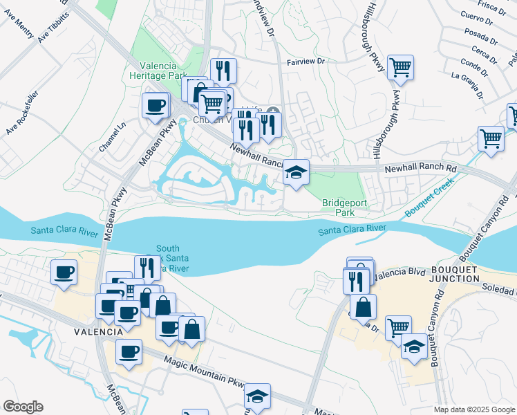 map of restaurants, bars, coffee shops, grocery stores, and more near 27006 Pierpont Court in Santa Clarita