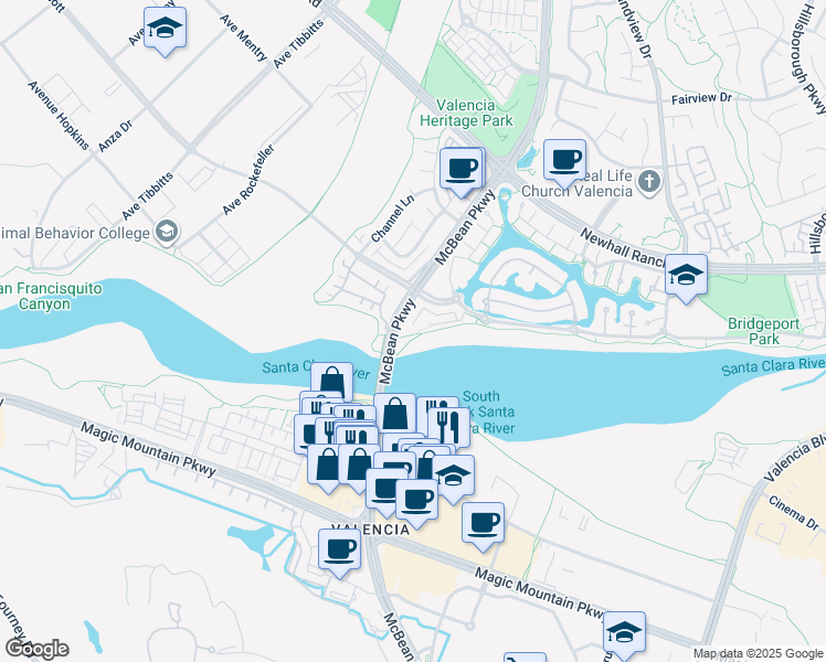 map of restaurants, bars, coffee shops, grocery stores, and more near 24024 Bridgeport Lane in Santa Clarita