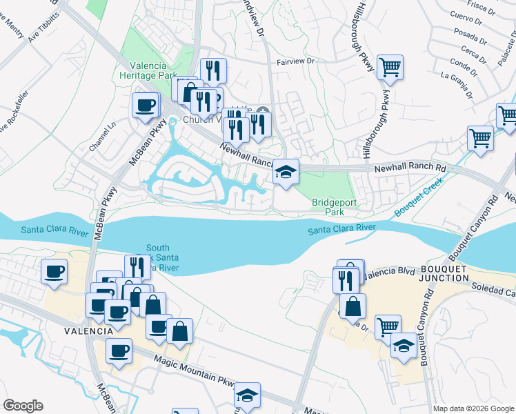 map of restaurants, bars, coffee shops, grocery stores, and more near 27006 Pierpont Court in Santa Clarita