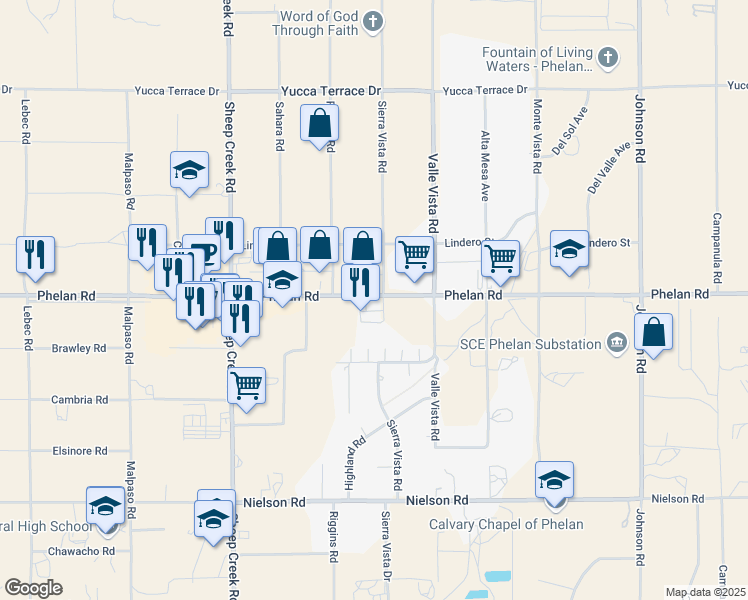 map of restaurants, bars, coffee shops, grocery stores, and more near 4369 Phelan Road in Phelan
