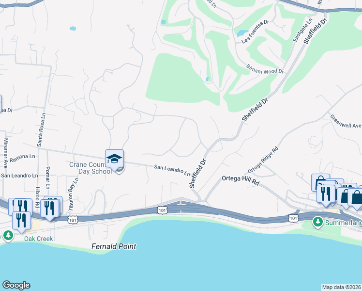 map of restaurants, bars, coffee shops, grocery stores, and more near 280 Las Entradas Drive in Montecito