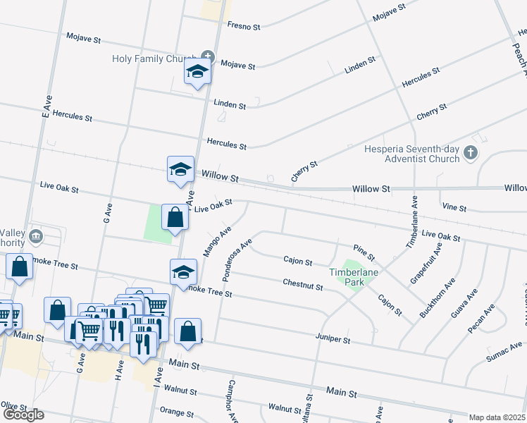 map of restaurants, bars, coffee shops, grocery stores, and more near 9649 Mango Avenue in Hesperia