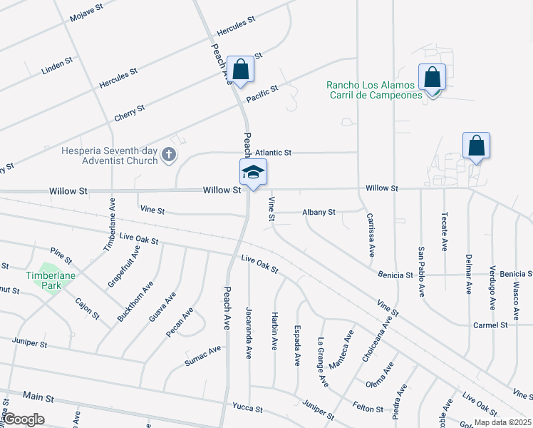 map of restaurants, bars, coffee shops, grocery stores, and more near 18559 Vine Street in Hesperia