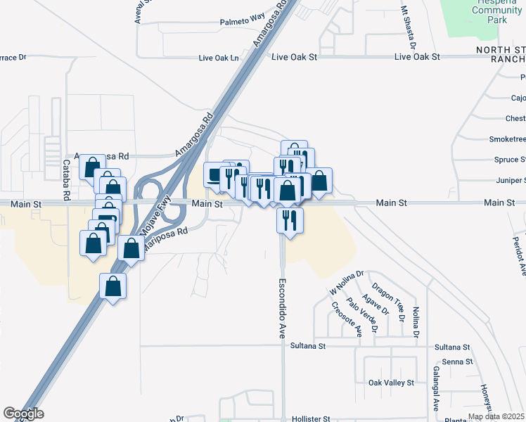 map of restaurants, bars, coffee shops, grocery stores, and more near 13257 Main Street in Hesperia
