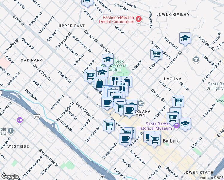 map of restaurants, bars, coffee shops, grocery stores, and more near 21 East Sola Street in Santa Barbara