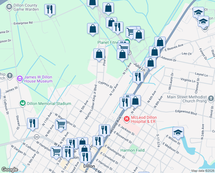 map of restaurants, bars, coffee shops, grocery stores, and more near 205 Cypress Street in Dillon