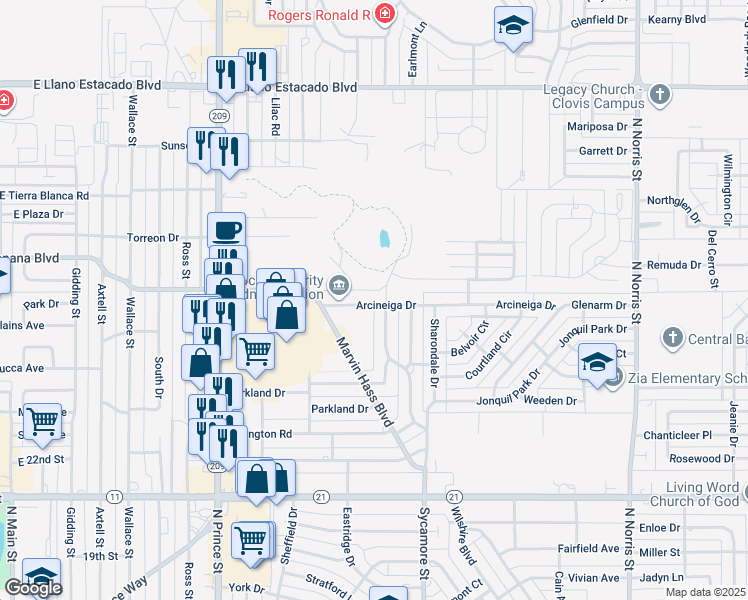 map of restaurants, bars, coffee shops, grocery stores, and more near 1316 Arcineiga Drive in Clovis