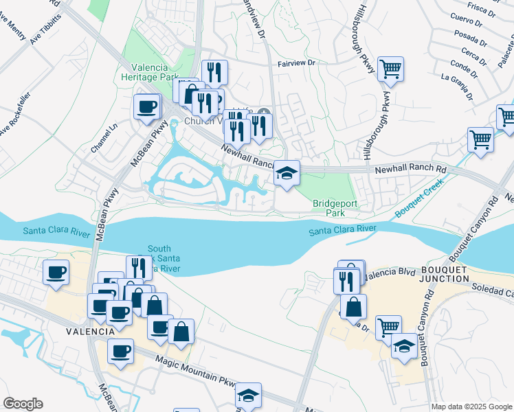 map of restaurants, bars, coffee shops, grocery stores, and more near 27006 Pierpont Court in Santa Clarita