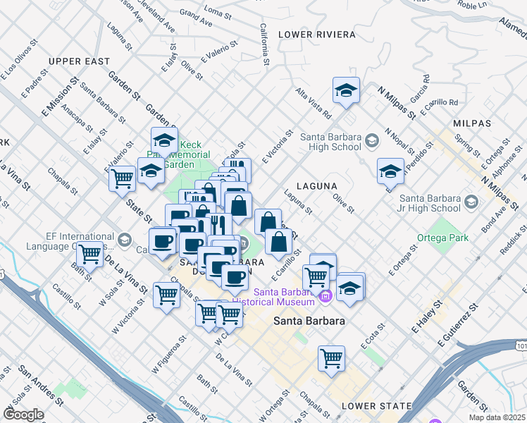 map of restaurants, bars, coffee shops, grocery stores, and more near 243 East Anapamu Street in Santa Barbara