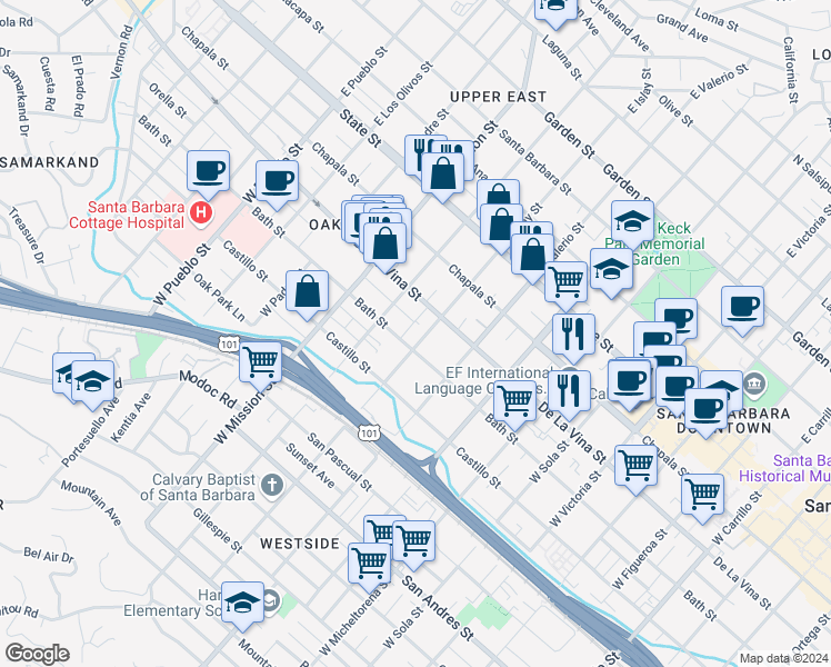 map of restaurants, bars, coffee shops, grocery stores, and more near 218 West Islay Street in Santa Barbara