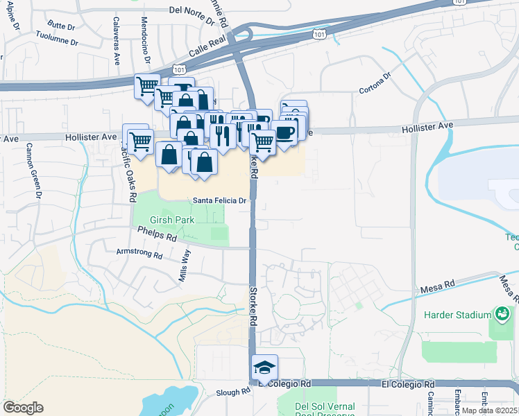 map of restaurants, bars, coffee shops, grocery stores, and more near 7398 Calle Real in Goleta