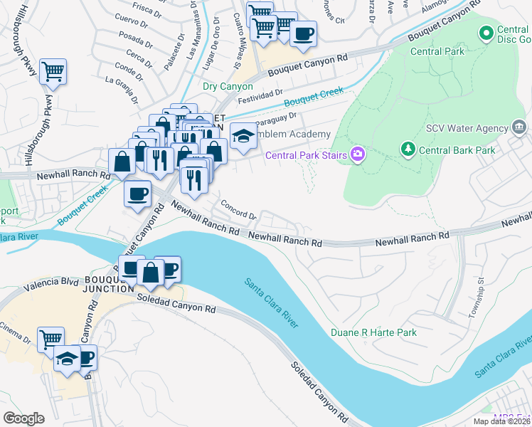 map of restaurants, bars, coffee shops, grocery stores, and more near 22769 Whisper Mill Circle in Santa Clarita
