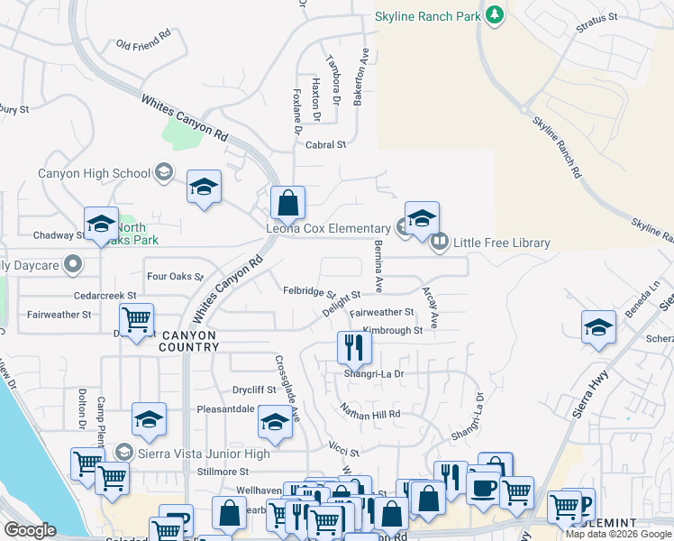map of restaurants, bars, coffee shops, grocery stores, and more near 18767 Bainbury Street in Santa Clarita