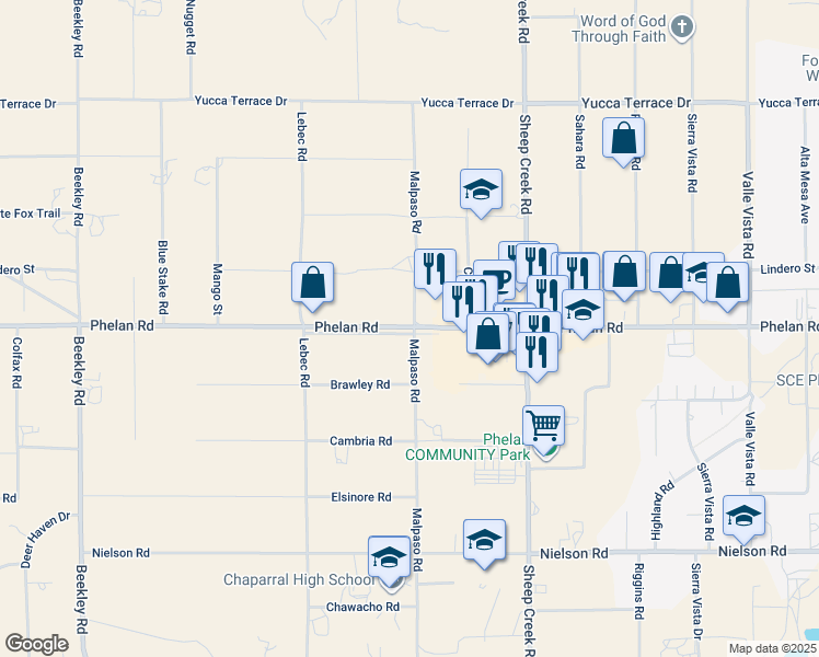 map of restaurants, bars, coffee shops, grocery stores, and more near Phelan Road in Phelan