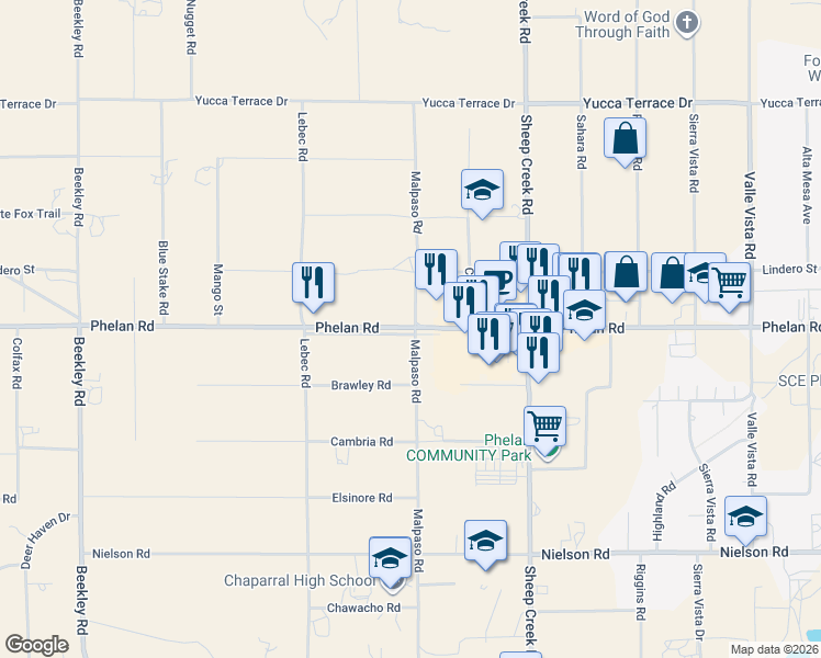 map of restaurants, bars, coffee shops, grocery stores, and more near 3838 Phelan Road in Phelan