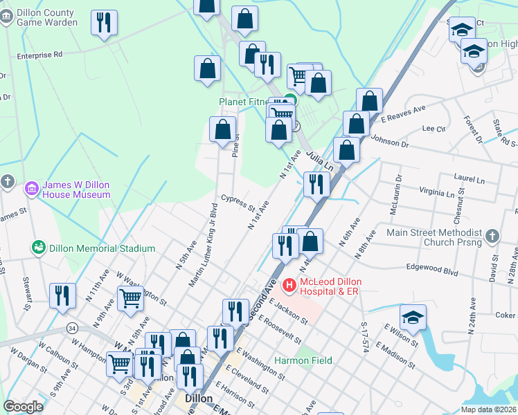 map of restaurants, bars, coffee shops, grocery stores, and more near 205 Cypress Street in Dillon