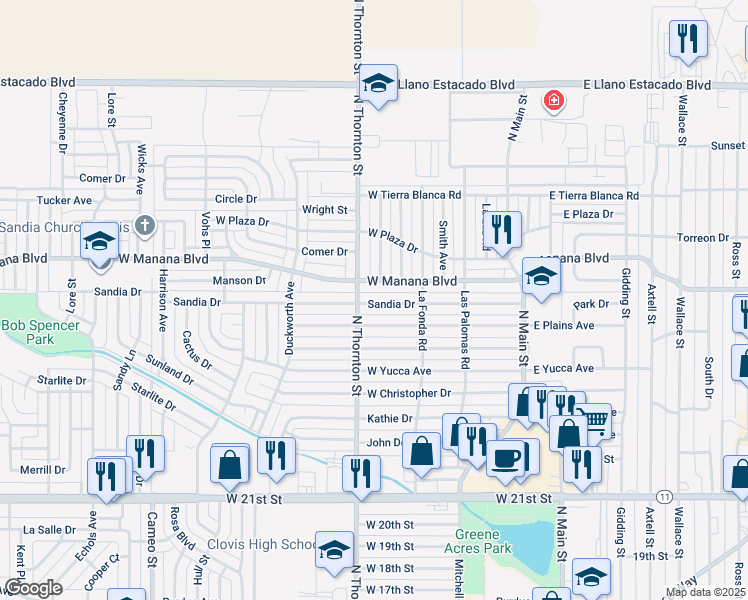 map of restaurants, bars, coffee shops, grocery stores, and more near 612 Sandia Drive in Clovis