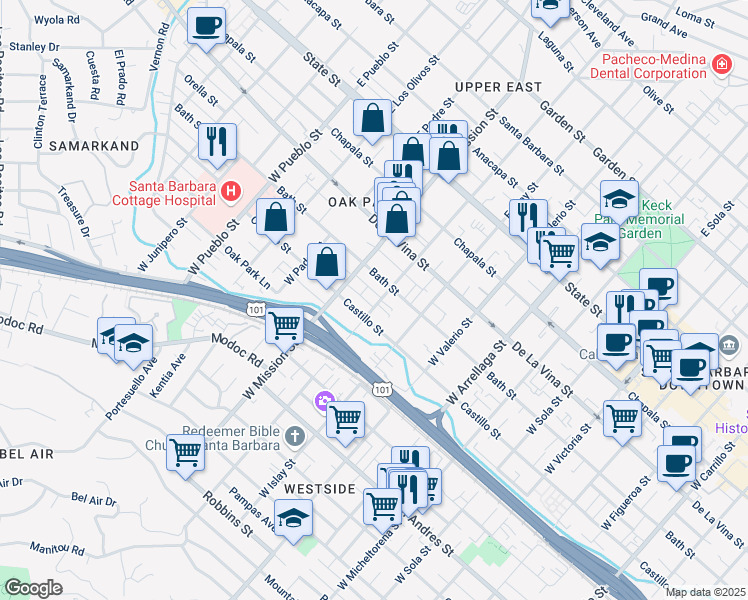 map of restaurants, bars, coffee shops, grocery stores, and more near 318 West Pedregosa Street in Santa Barbara