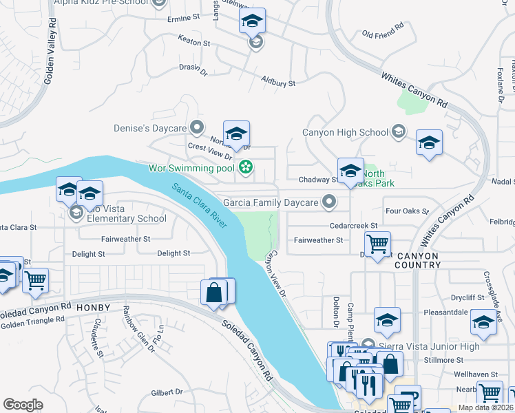 map of restaurants, bars, coffee shops, grocery stores, and more near 19853 Cottonwood Drive in Santa Clarita