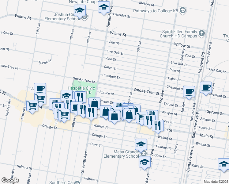 map of restaurants, bars, coffee shops, grocery stores, and more near 16050 Spruce Street in Hesperia