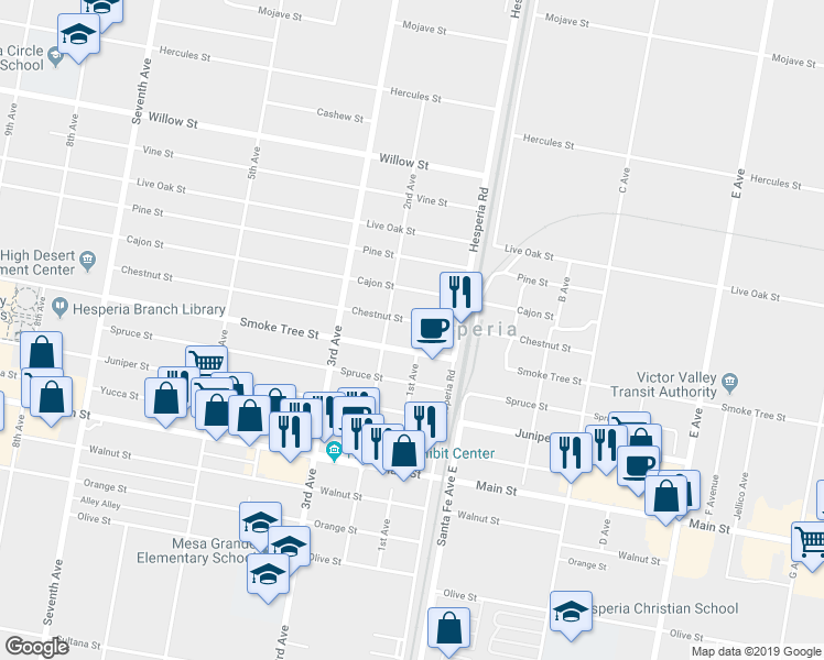 map of restaurants, bars, coffee shops, grocery stores, and more near 16503 Chestnut Street in Hesperia
