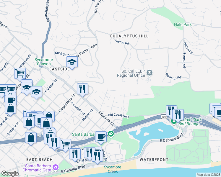 map of restaurants, bars, coffee shops, grocery stores, and more near 1476 Lou Dillon Lane in Santa Barbara