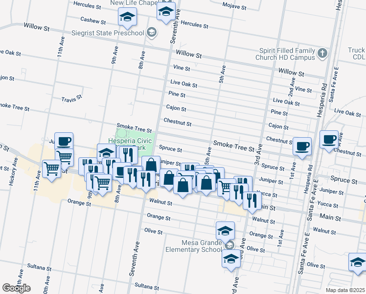 map of restaurants, bars, coffee shops, grocery stores, and more near 16050 Spruce Street in Hesperia