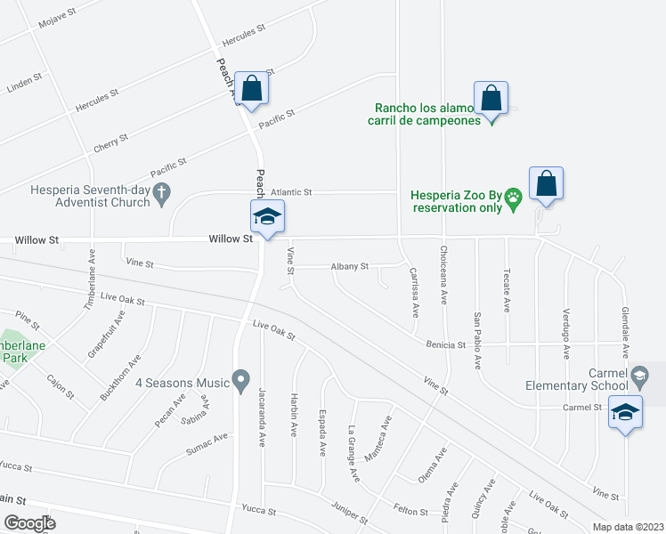 map of restaurants, bars, coffee shops, grocery stores, and more near 18659 Albany Street in Hesperia