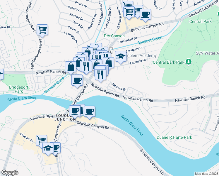map of restaurants, bars, coffee shops, grocery stores, and more near 22890 Acoustic Drive in Santa Clarita