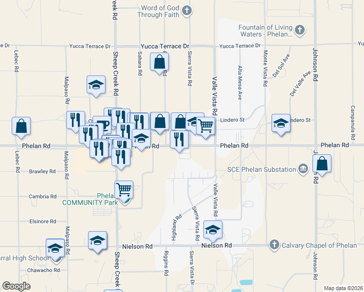 map of restaurants, bars, coffee shops, grocery stores, and more near 4355 Phelan Road in Phelan