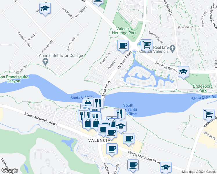 map of restaurants, bars, coffee shops, grocery stores, and more near 27000 McBean Parkway in Santa Clarita