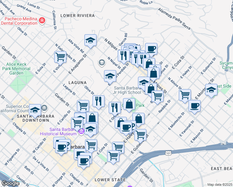 map of restaurants, bars, coffee shops, grocery stores, and more near 609 East De La Guerra Street in Santa Barbara