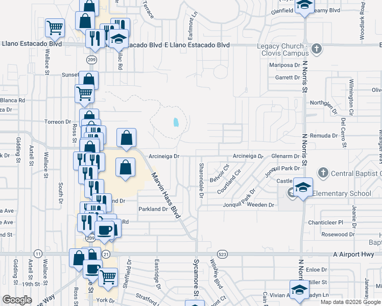map of restaurants, bars, coffee shops, grocery stores, and more near 1412 Arcineiga Dr in Clovis