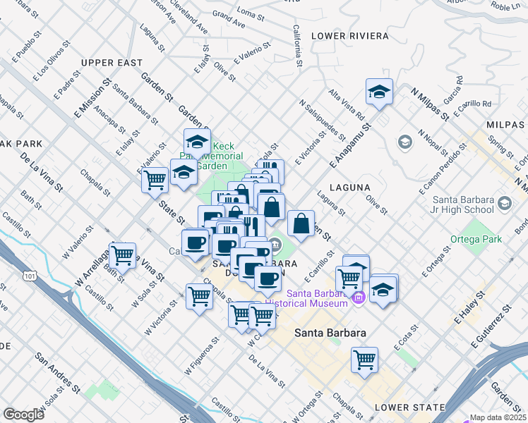 map of restaurants, bars, coffee shops, grocery stores, and more near 1234 Santa Barbara Street in Santa Barbara