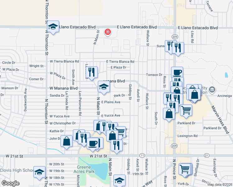 map of restaurants, bars, coffee shops, grocery stores, and more near 132 Park Drive in Clovis
