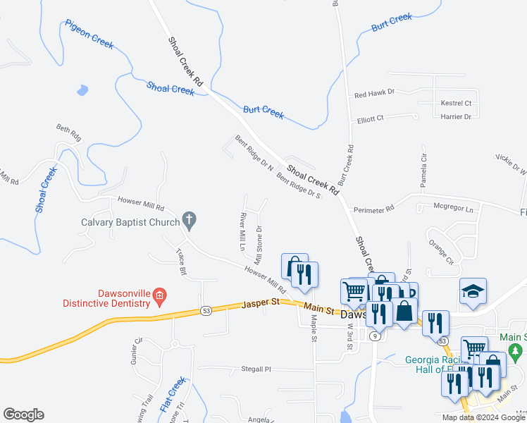 map of restaurants, bars, coffee shops, grocery stores, and more near 216 Mill Stone Drive in Dawsonville
