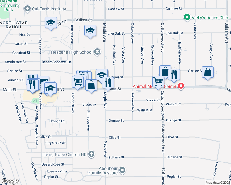 map of restaurants, bars, coffee shops, grocery stores, and more near 14575 Main Street in Hesperia