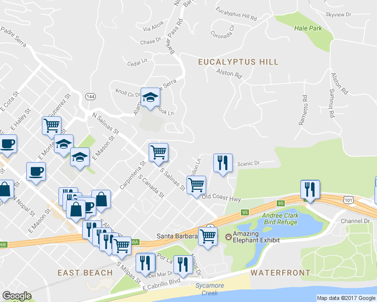map of restaurants, bars, coffee shops, grocery stores, and more near 223 Uhlan Court in Santa Barbara
