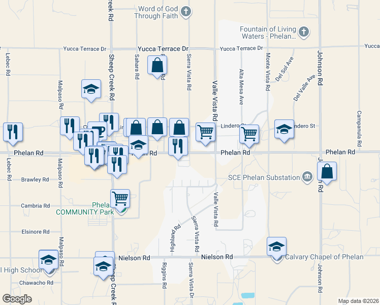 map of restaurants, bars, coffee shops, grocery stores, and more near 8315 Sierra Vista Road in Phelan
