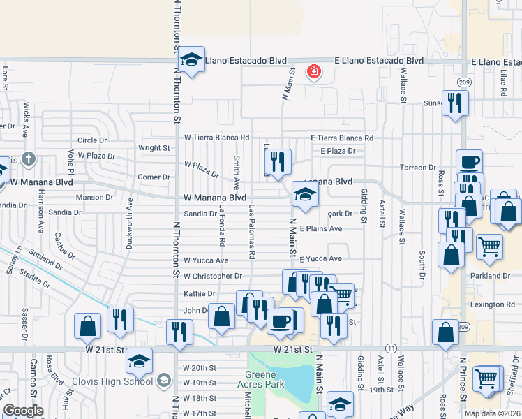 map of restaurants, bars, coffee shops, grocery stores, and more near 212 Sandia Drive in Clovis