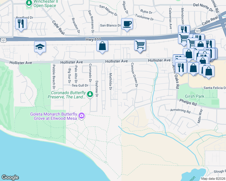 map of restaurants, bars, coffee shops, grocery stores, and more near 328 Mathilda Drive in Goleta