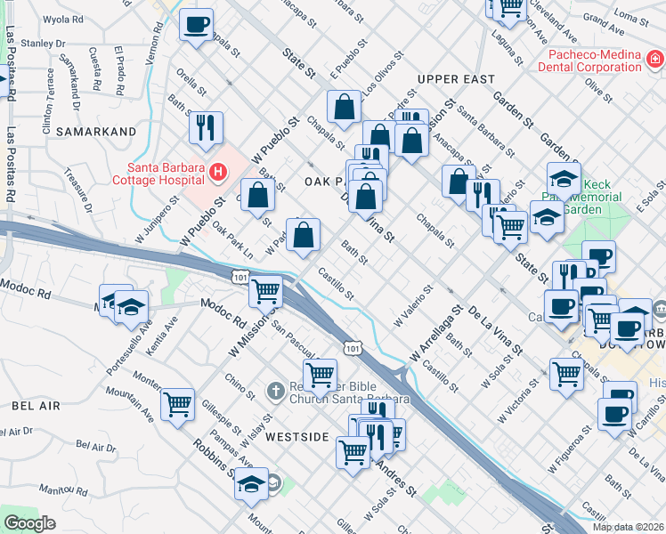 map of restaurants, bars, coffee shops, grocery stores, and more near 318 West Pedregosa Street in Santa Barbara