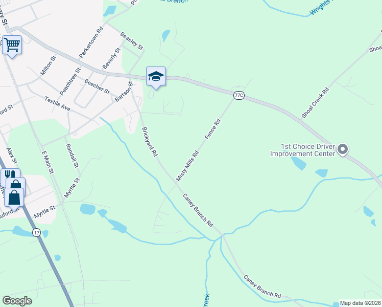 map of restaurants, bars, coffee shops, grocery stores, and more near 396 Misty Mills Road in Lavonia