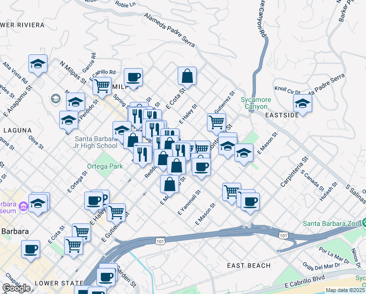 map of restaurants, bars, coffee shops, grocery stores, and more near 411 North Alisos Street in Santa Barbara