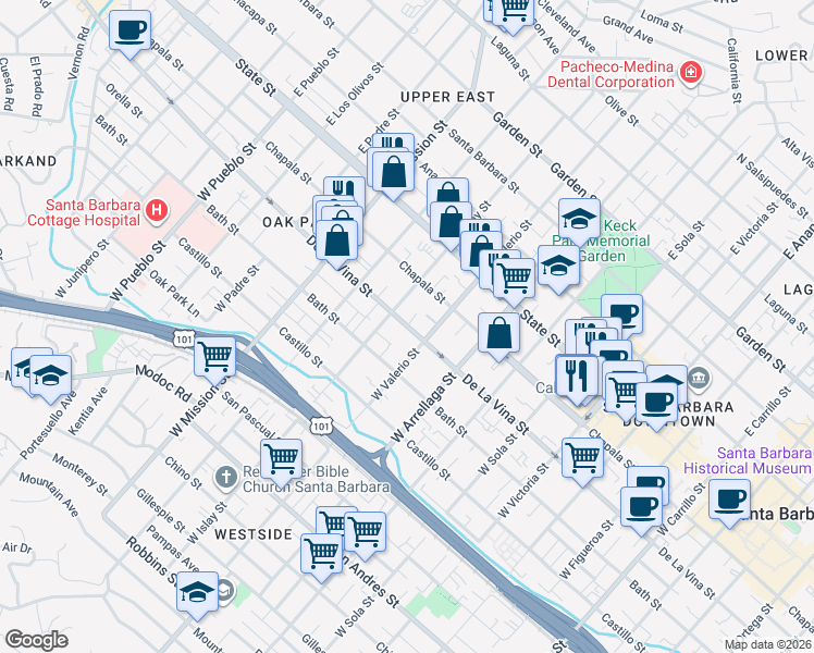 map of restaurants, bars, coffee shops, grocery stores, and more near De La Vina Street in Santa Barbara