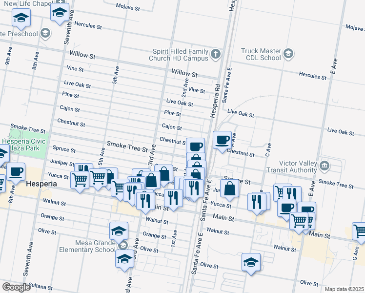 map of restaurants, bars, coffee shops, grocery stores, and more near 16503 Chestnut Street in Hesperia