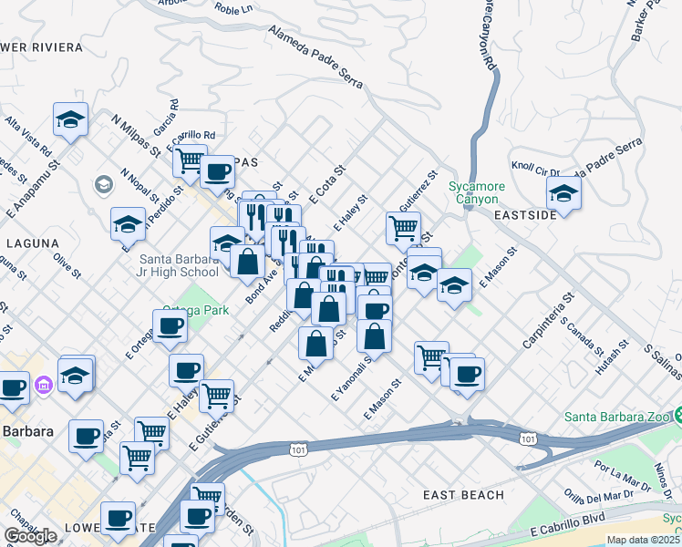 map of restaurants, bars, coffee shops, grocery stores, and more near 411 North Alisos Street in Santa Barbara